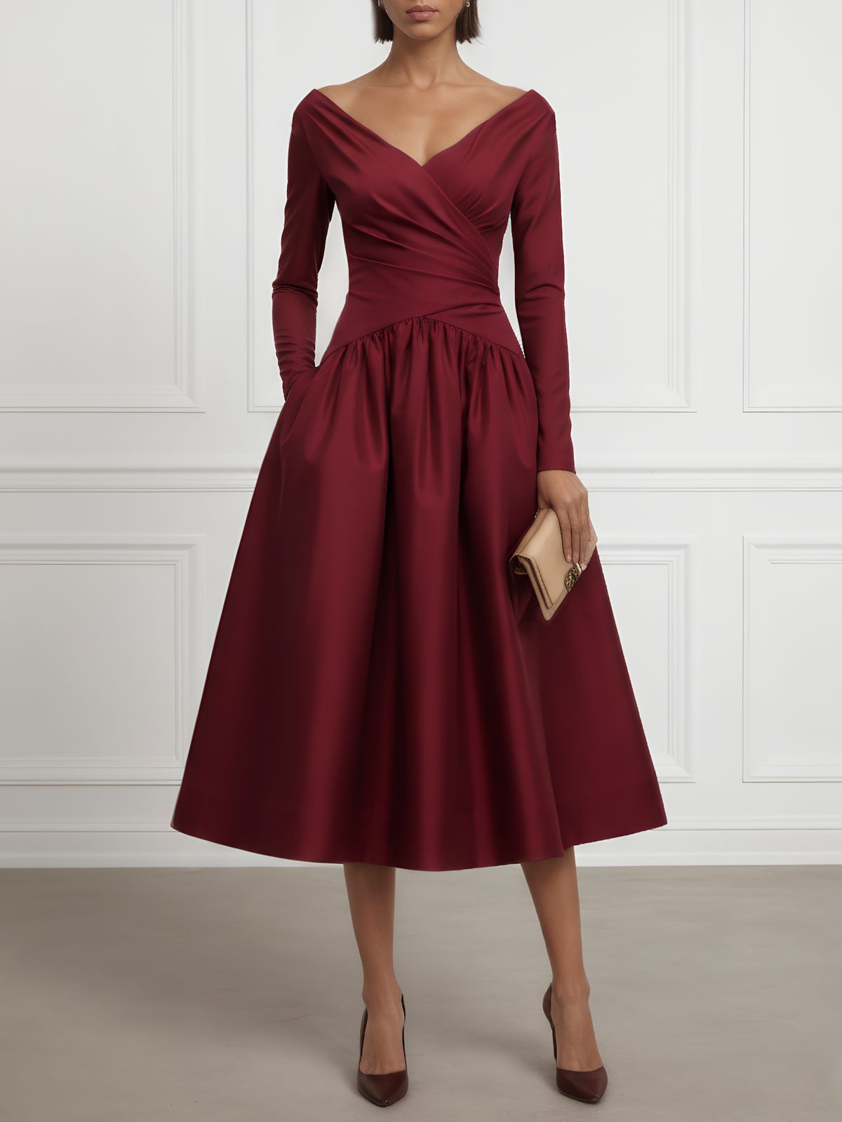 Elegant Burgundy Satin Midi Dress  Antonianza